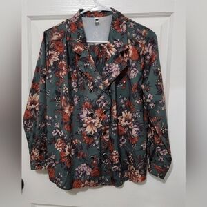 Vintage Inspired Green Button Shirt With Red & Orange Floral Prints